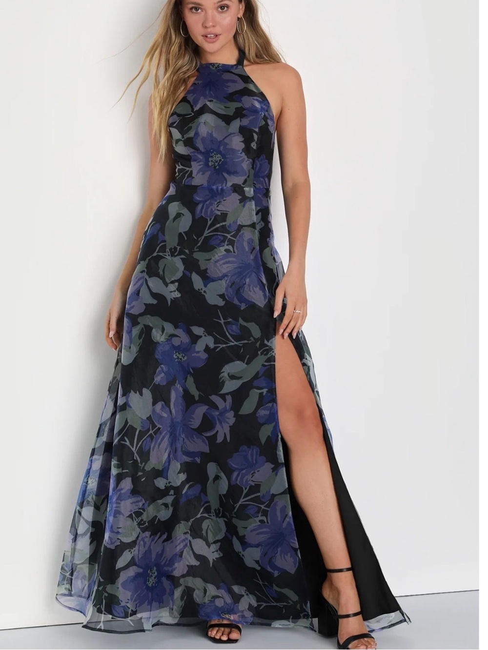 Lulus Small Effortless Drama Black Floral Organza Halter Cutout Maxi Dress